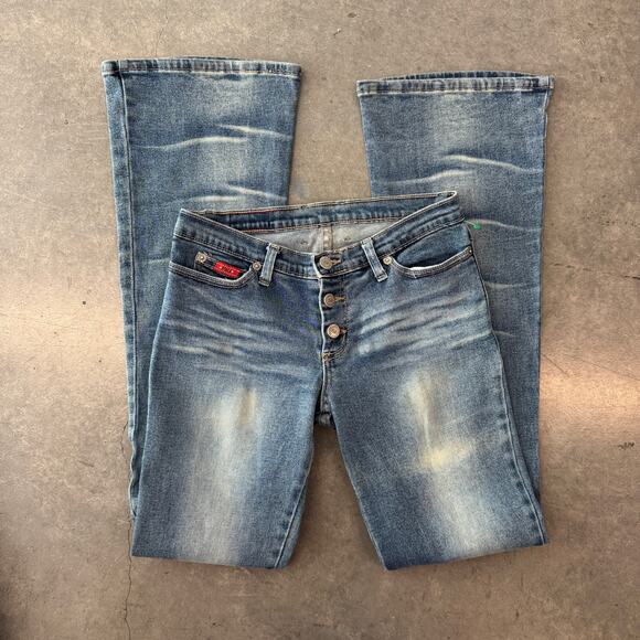 Vintage Y2k 2000's Low Rise Flare Wide Leg Two Tone Denim Jeans Size 28 - Picture 1 of 9